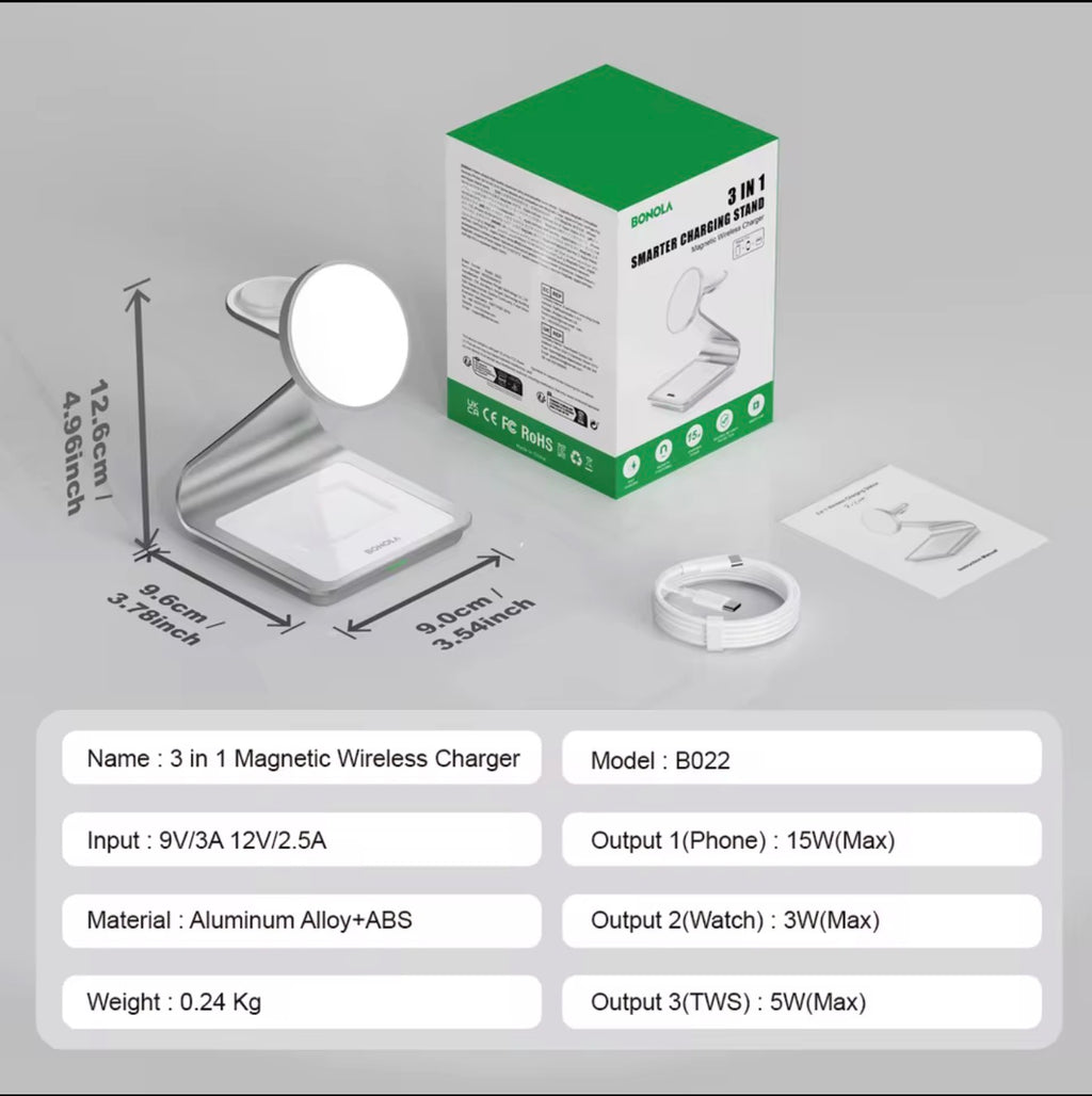 Bonola 3-in-1 Magnetic Wireless Charging Station | 30W Fast Charge